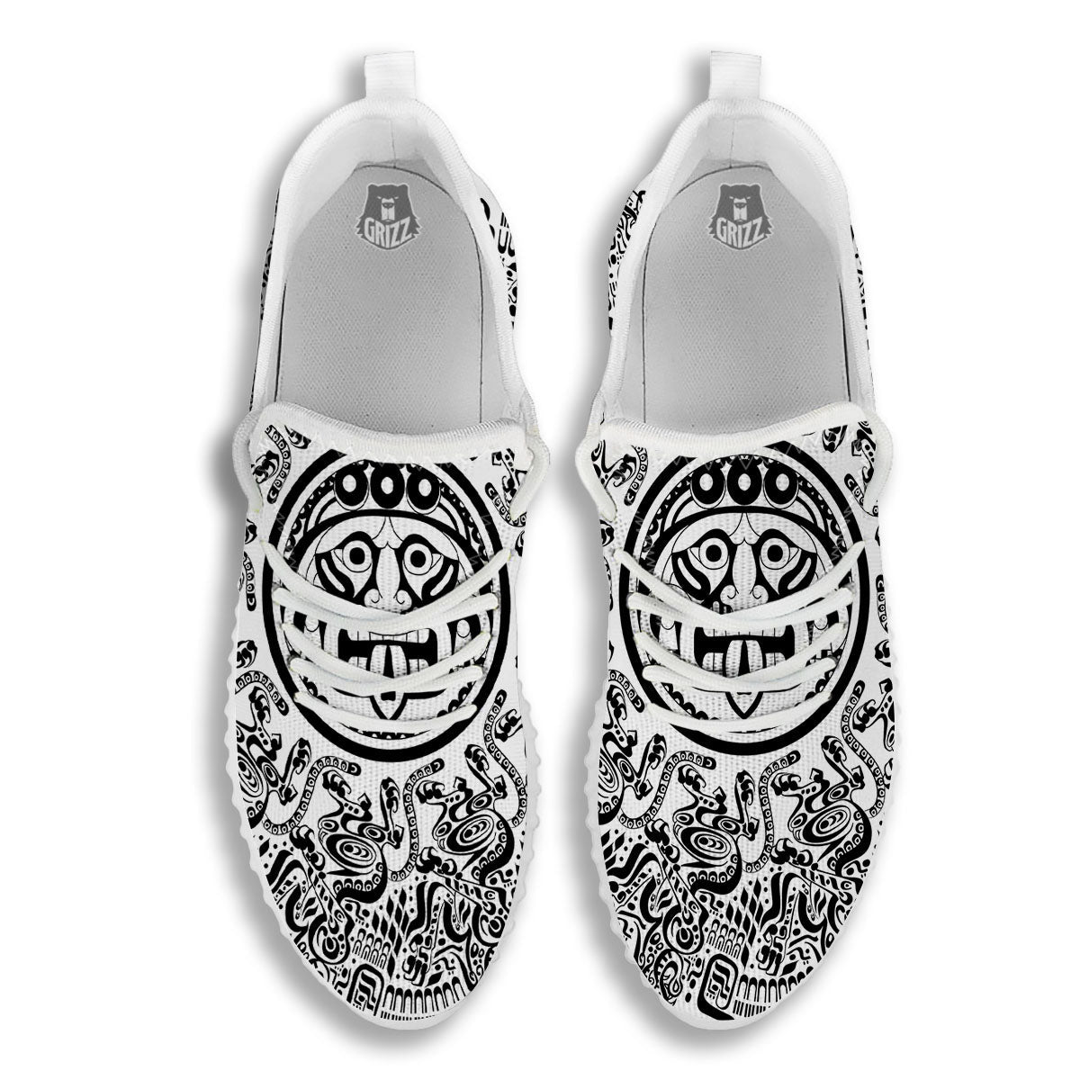 Maya Calendar White And Black Print White Walking Shoes-grizzshop