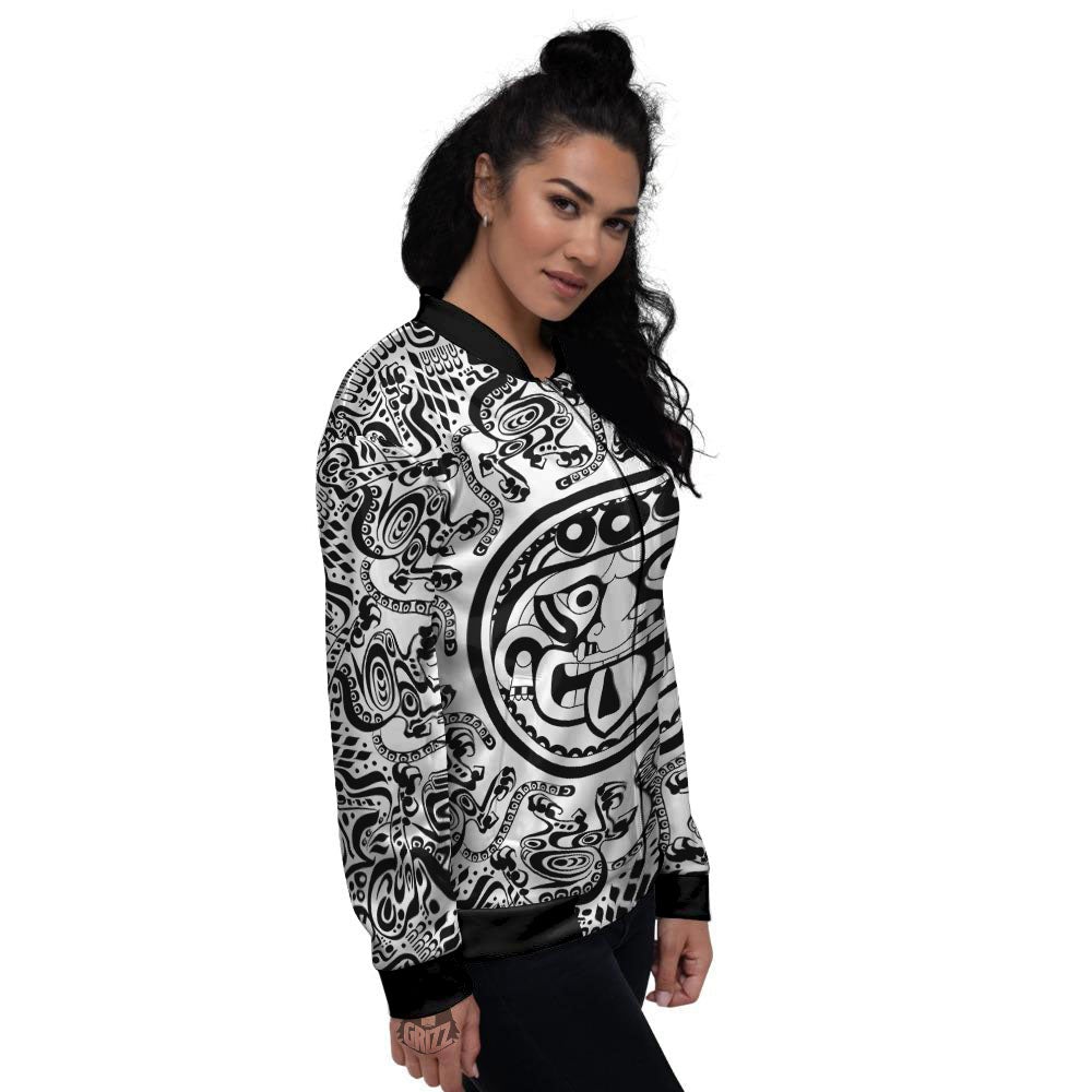 Maya Calendar White And Black Print Women's Bomber Jacket-grizzshop
