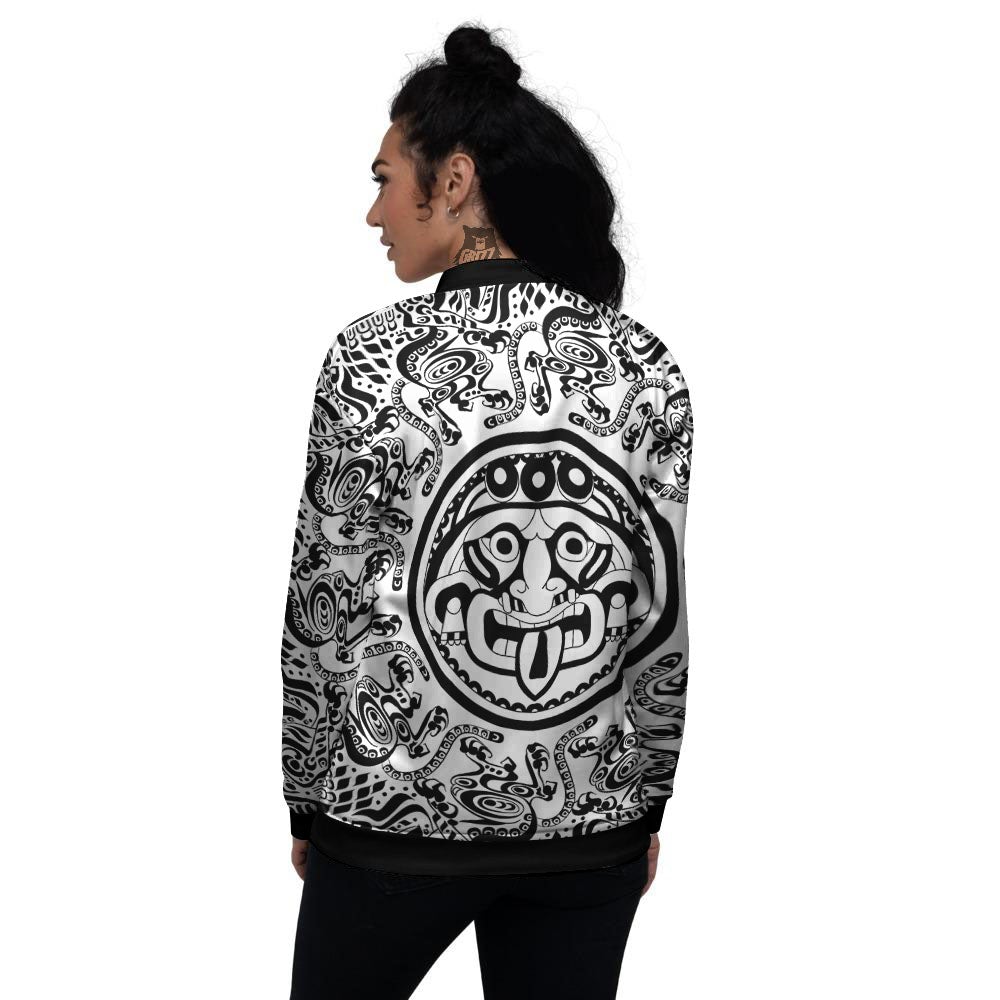 Maya Calendar White And Black Print Women's Bomber Jacket-grizzshop