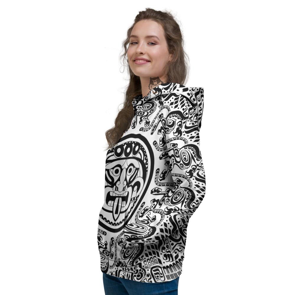 Maya Calendar White And Black Print Women's Hoodie-grizzshop