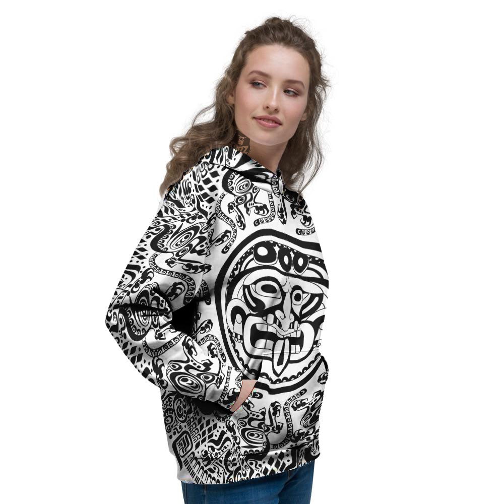 Maya Calendar White And Black Print Women's Hoodie-grizzshop