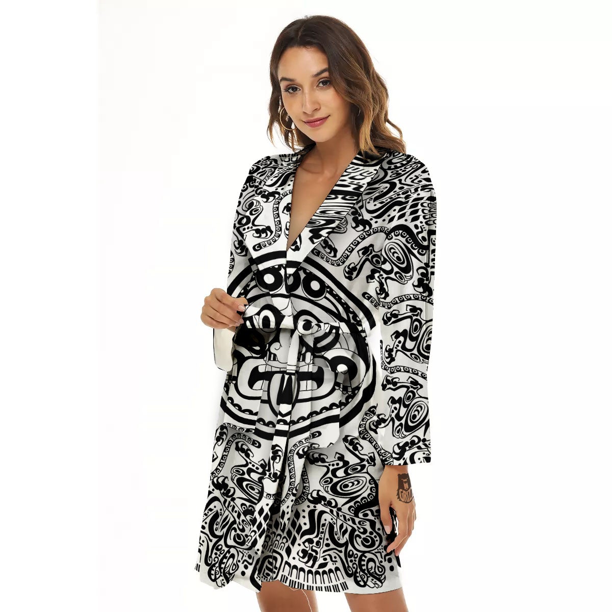 Maya Calendar White And Black Print Women's Robe-grizzshop