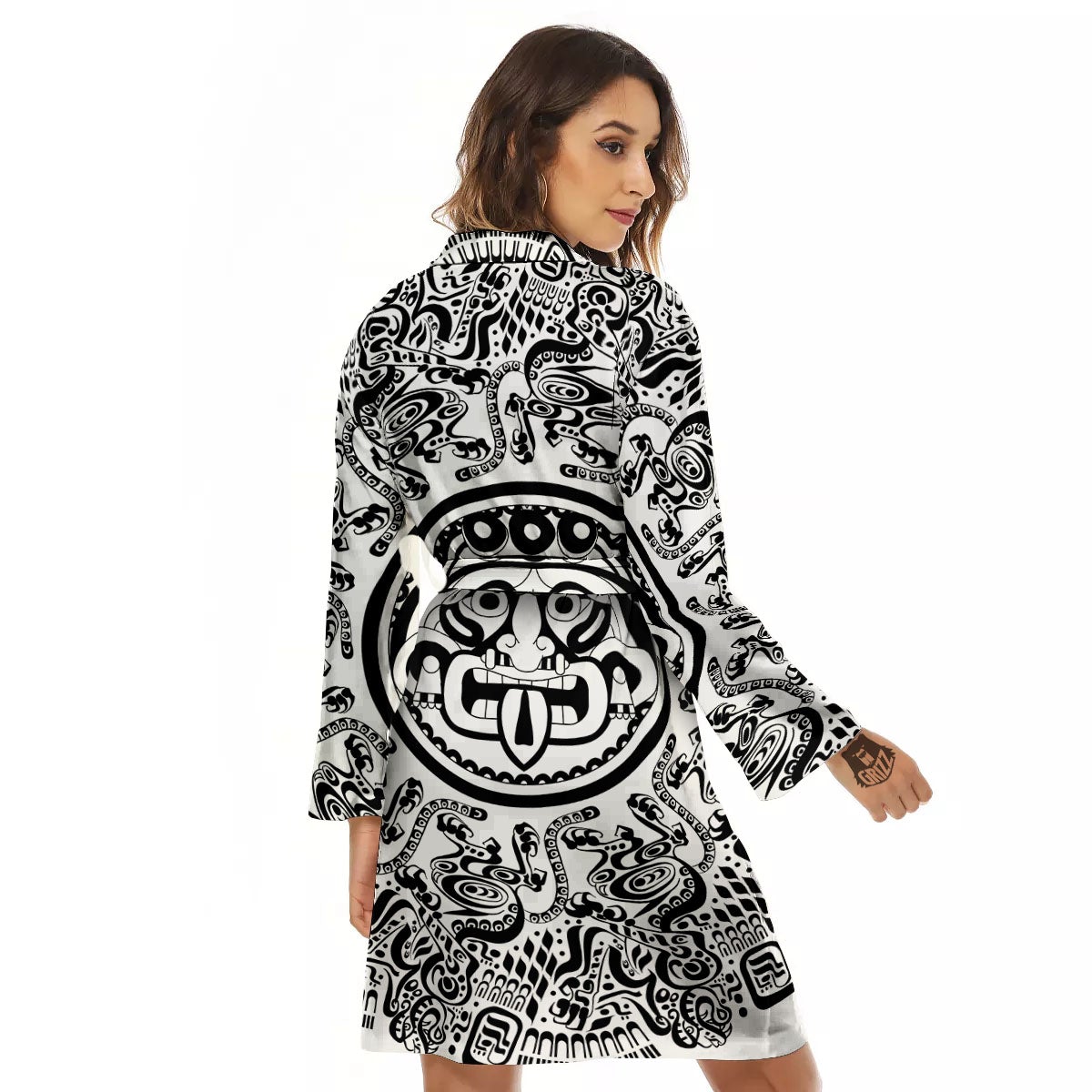 Maya Calendar White And Black Print Women's Robe-grizzshop