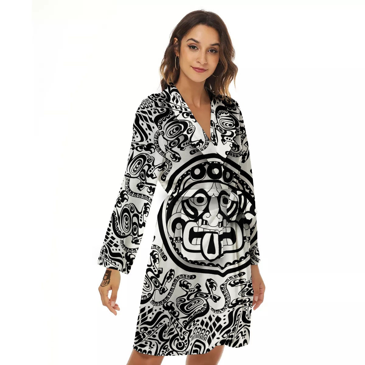 Maya Calendar White And Black Print Women's Robe-grizzshop