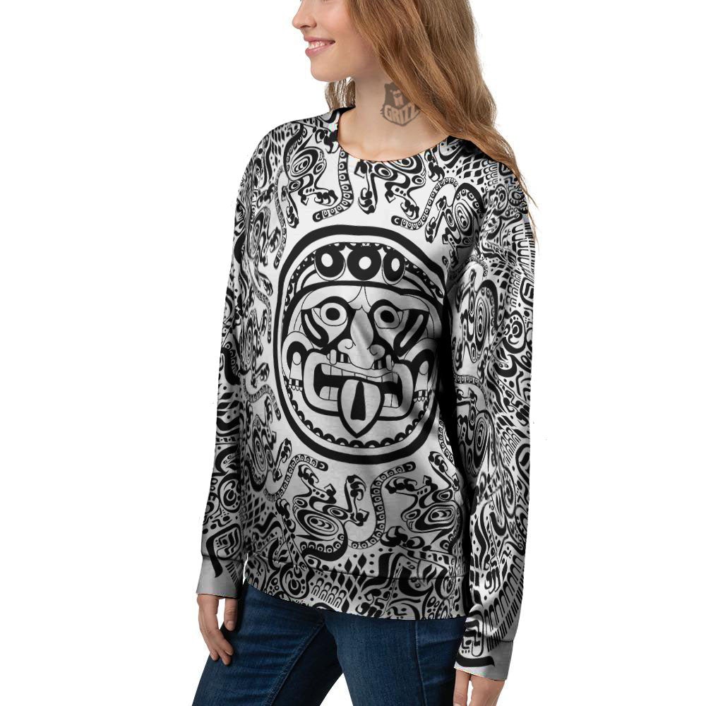 Maya Calendar White And Black Print Women's Sweatshirt-grizzshop