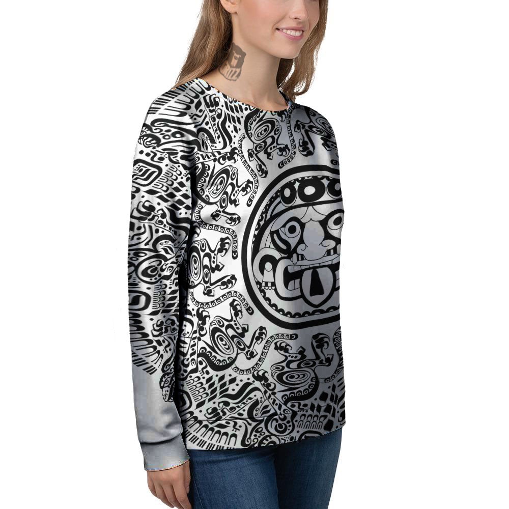 Maya Calendar White And Black Print Women's Sweatshirt-grizzshop