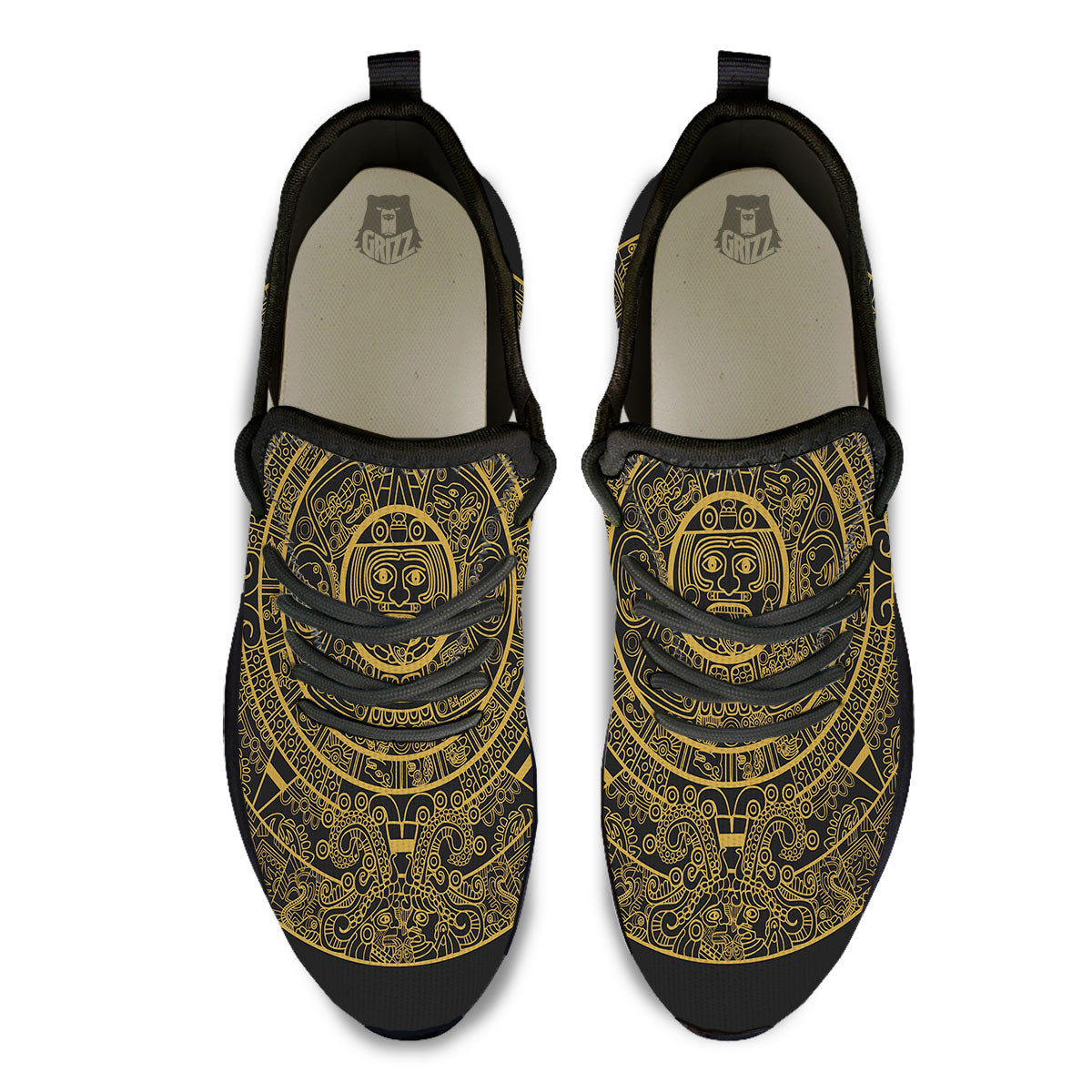 Maya Calendar Yellow And Black Print Black Athletic Shoes-grizzshop