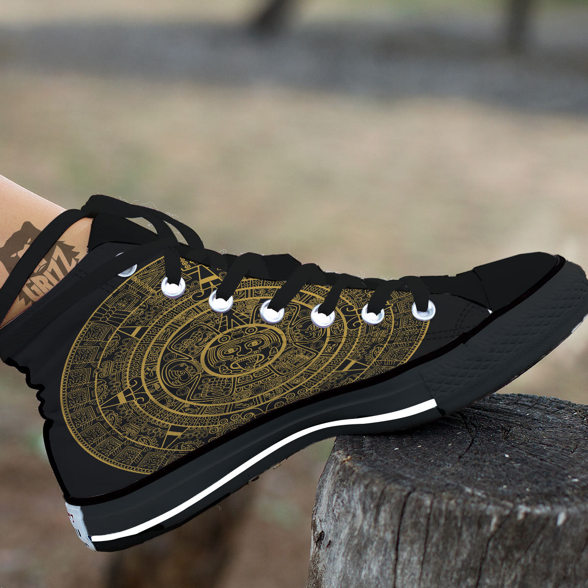 Maya Calendar Yellow And Black Print Black High Top Shoes-grizzshop