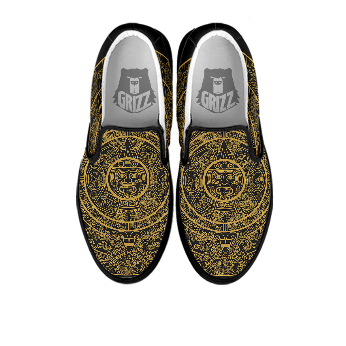 Maya Calendar Yellow And Black Print Black Slip On Shoes-grizzshop
