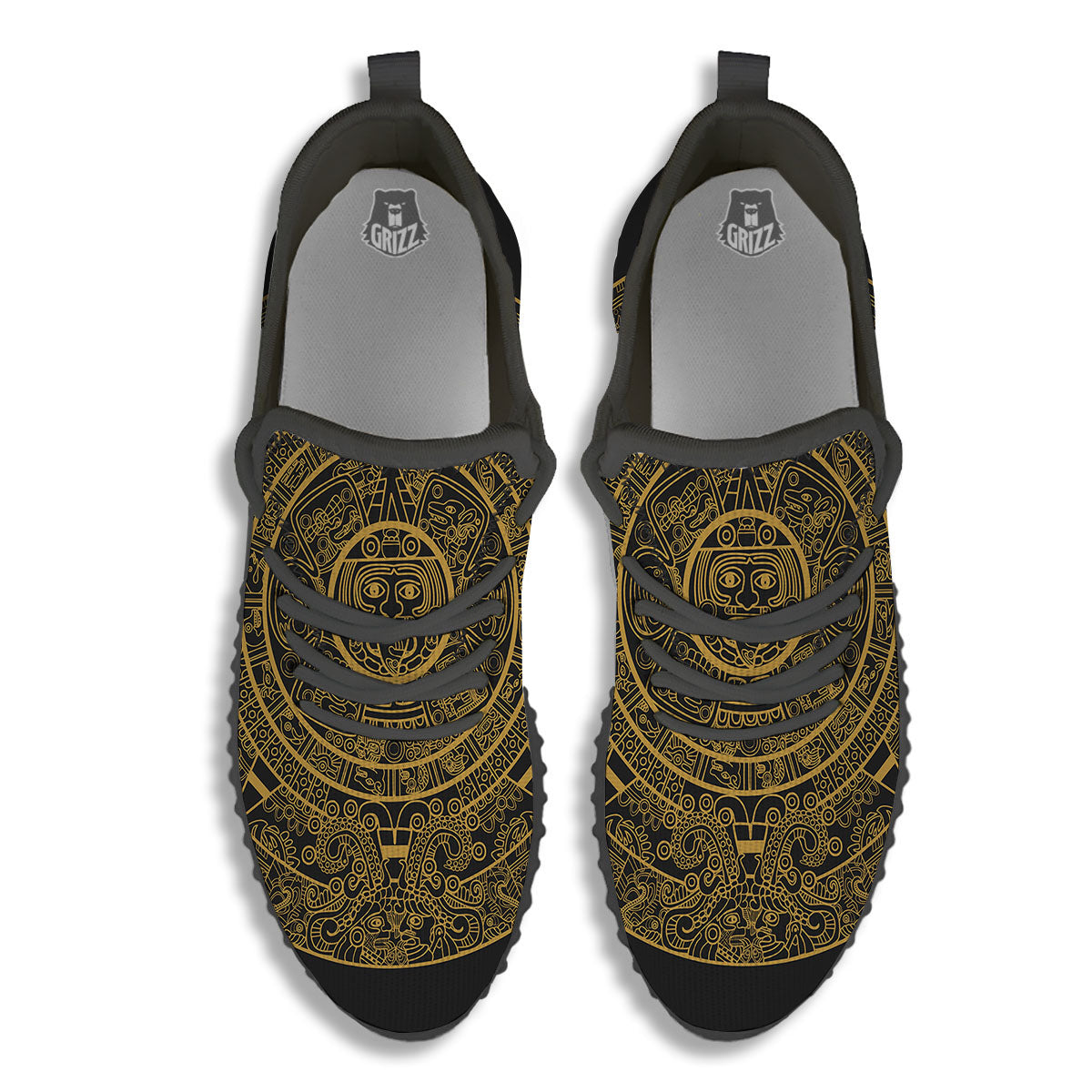 Maya Calendar Yellow And Black Print Black Walking Shoes-grizzshop