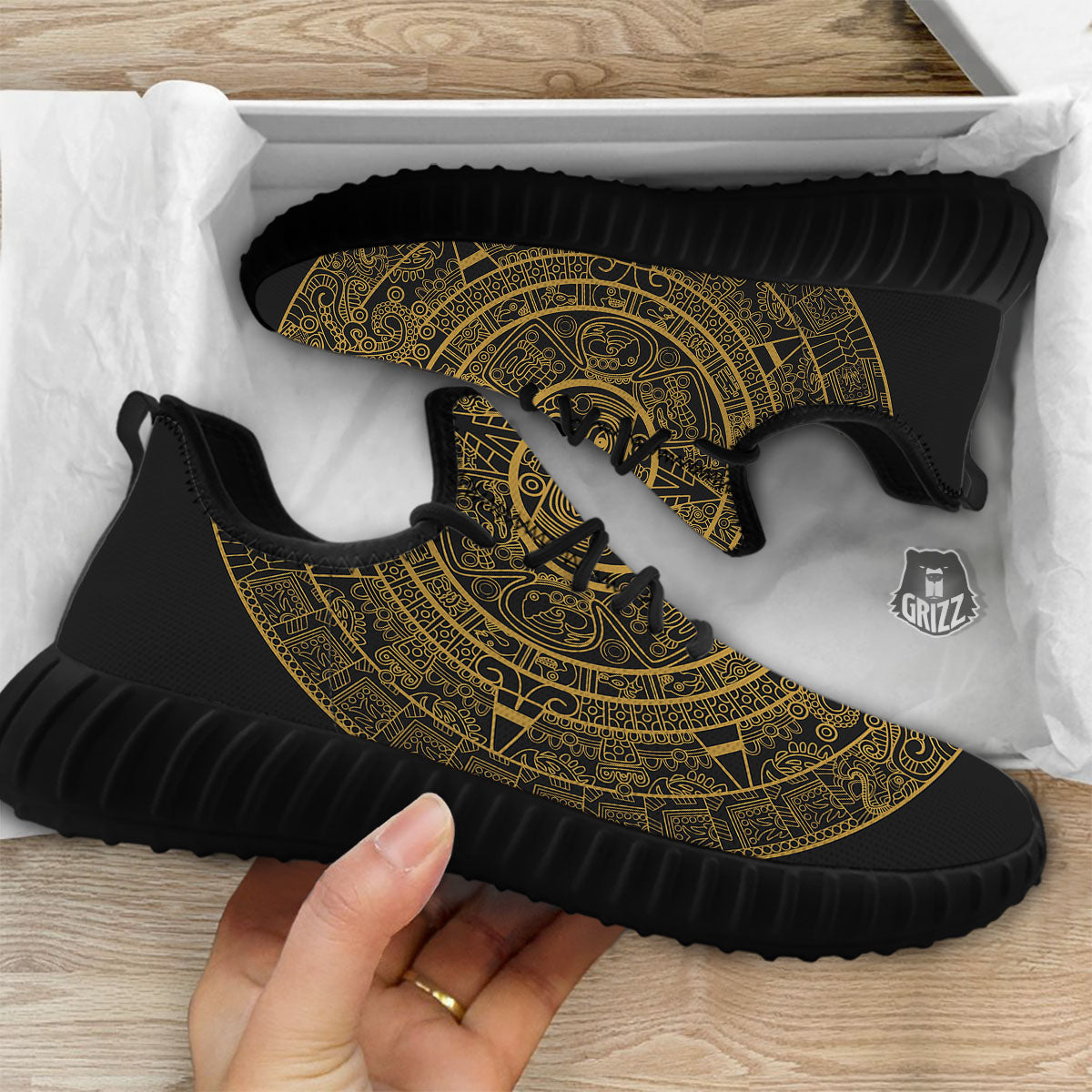 Maya Calendar Yellow And Black Print Black Walking Shoes-grizzshop