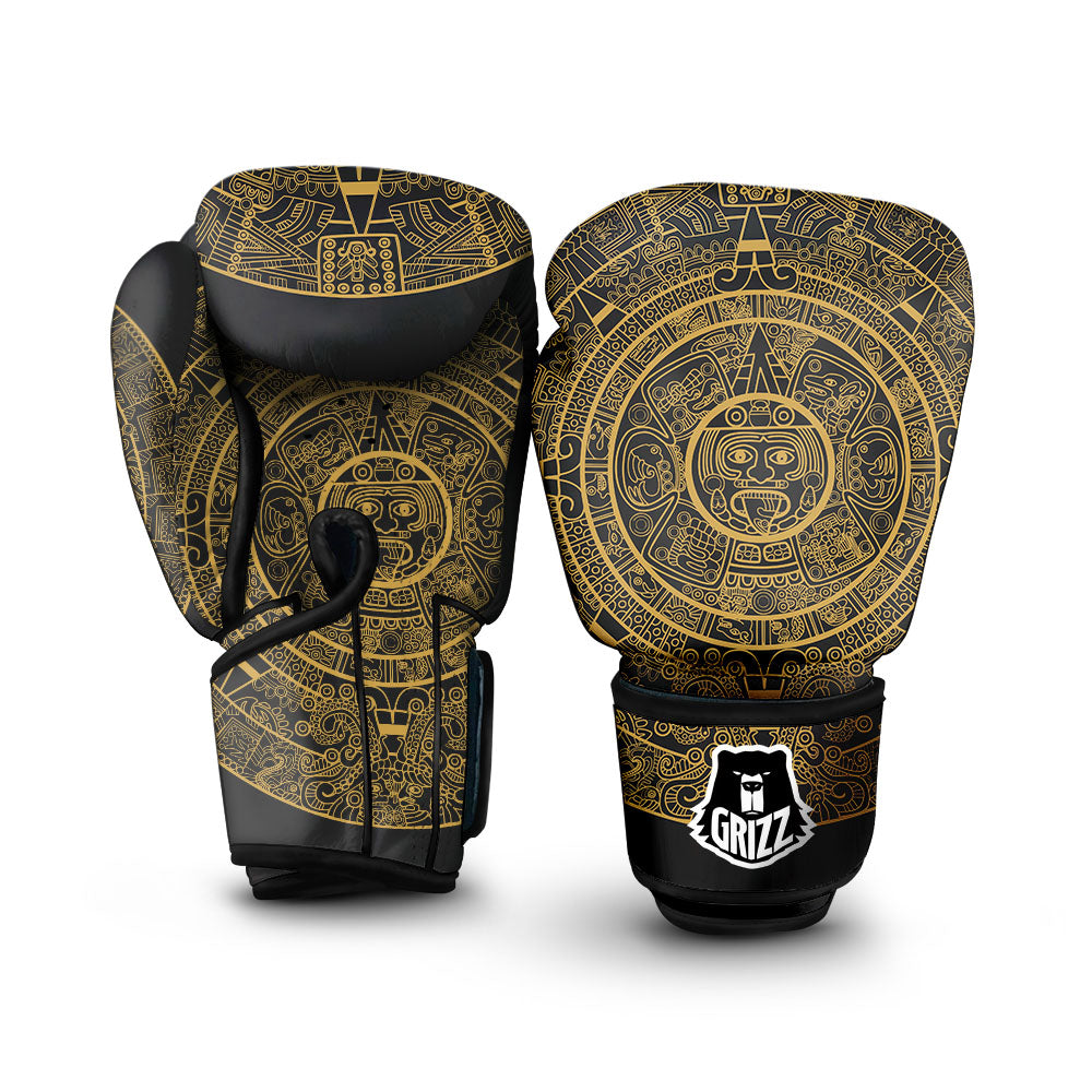 Maya Calendar Yellow And Black Print Boxing Gloves-grizzshop