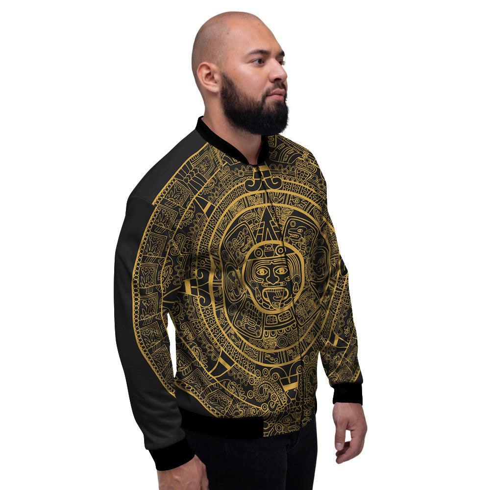 Maya Calendar Yellow And Black Print Men's Bomber Jacket-grizzshop