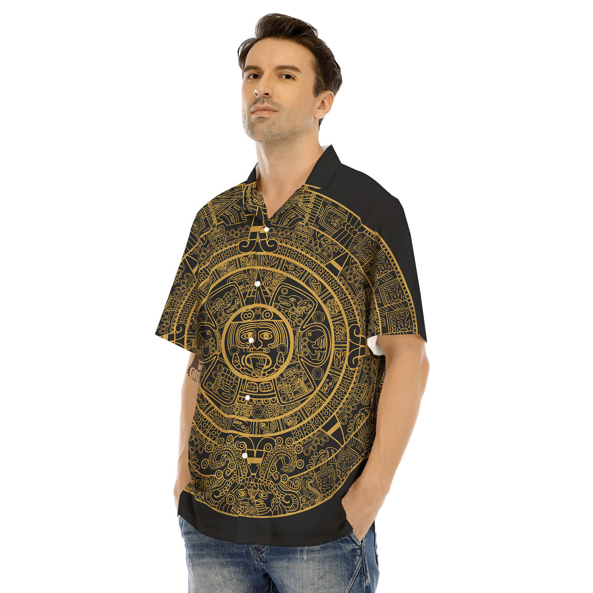 Maya Calendar Yellow And Black Print Men's Hawaiian Shirt-grizzshop