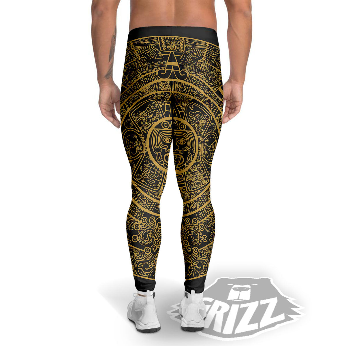 Maya Calendar Yellow And Black Print Men's Leggings-grizzshop