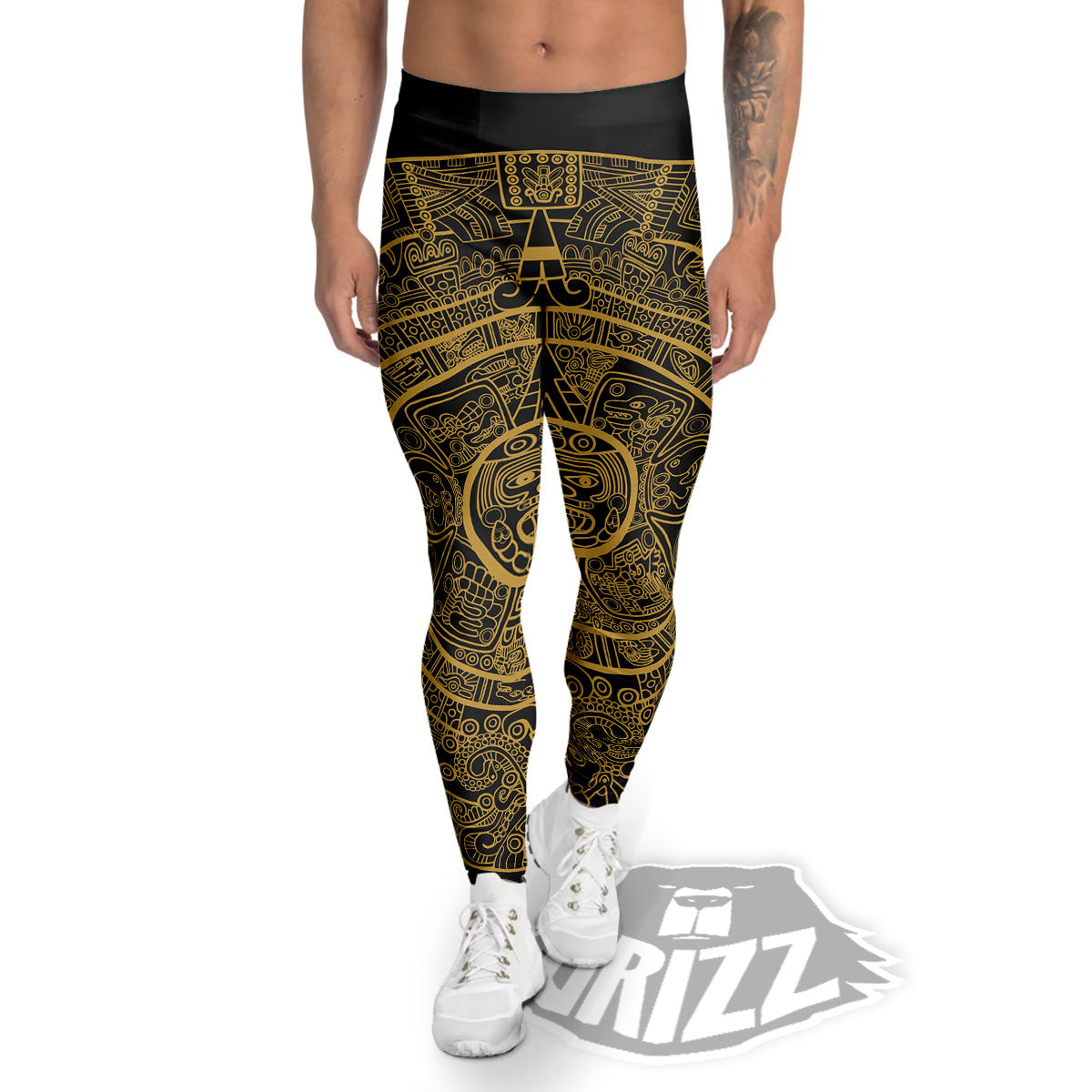 Maya Calendar Yellow And Black Print Men's Leggings-grizzshop