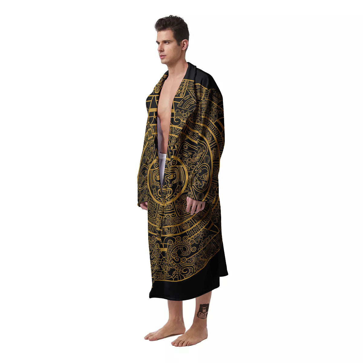 Maya Calendar Yellow And Black Print Men's Robe-grizzshop