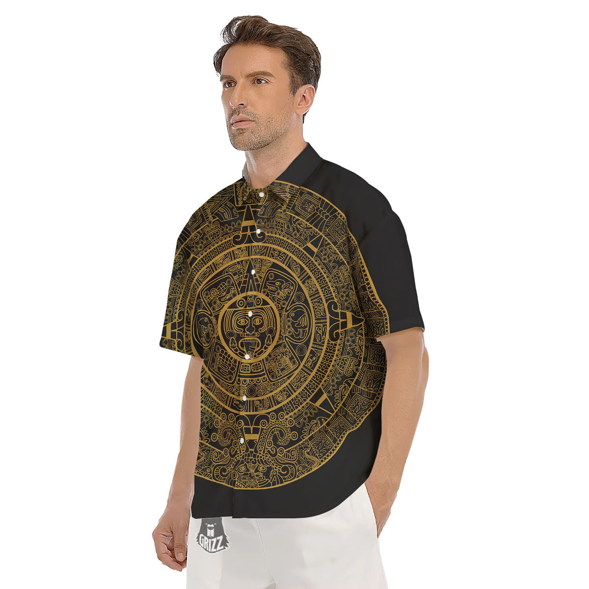 Maya Calendar Yellow And Black Print Men's Short Sleeve Shirts-grizzshop