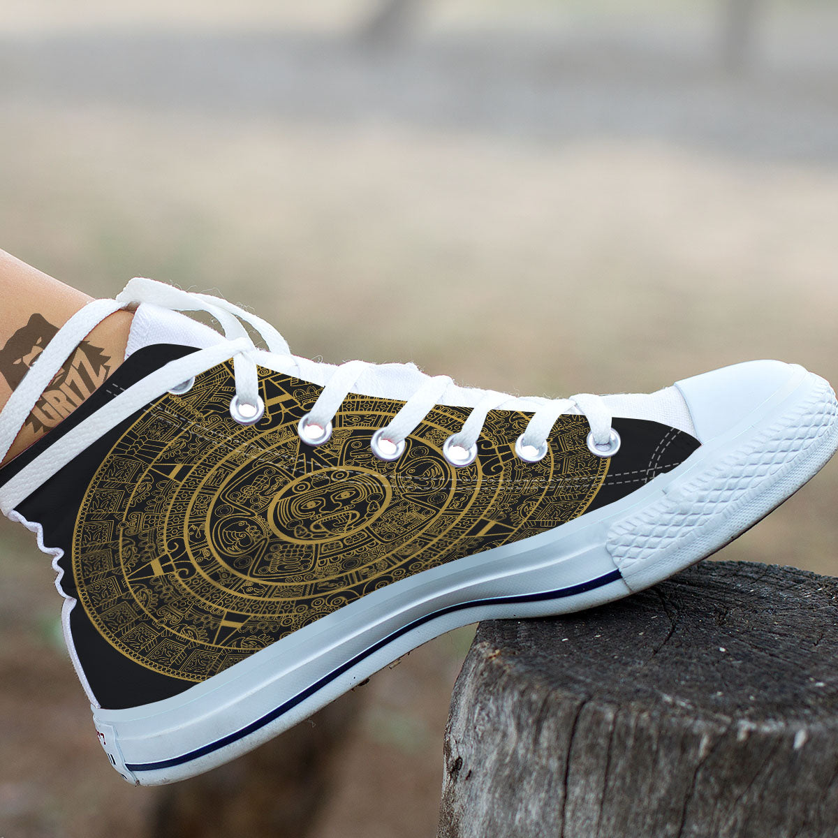 Maya Calendar Yellow And Black Print White High Top Shoes-grizzshop