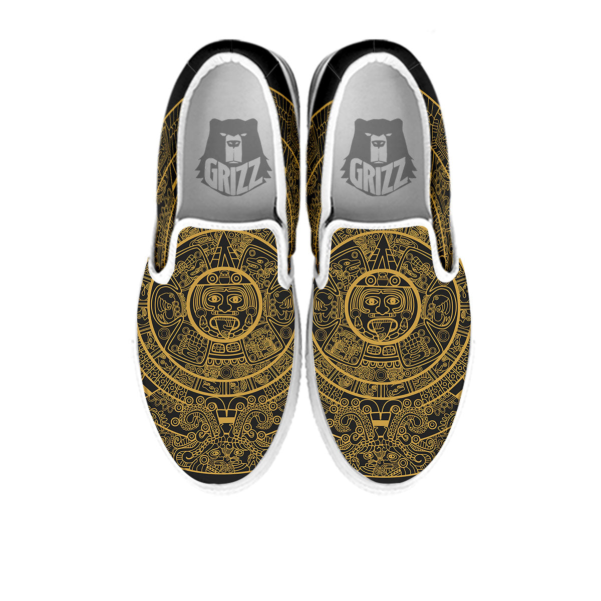 Maya Calendar Yellow And Black Print White Slip On Shoes-grizzshop