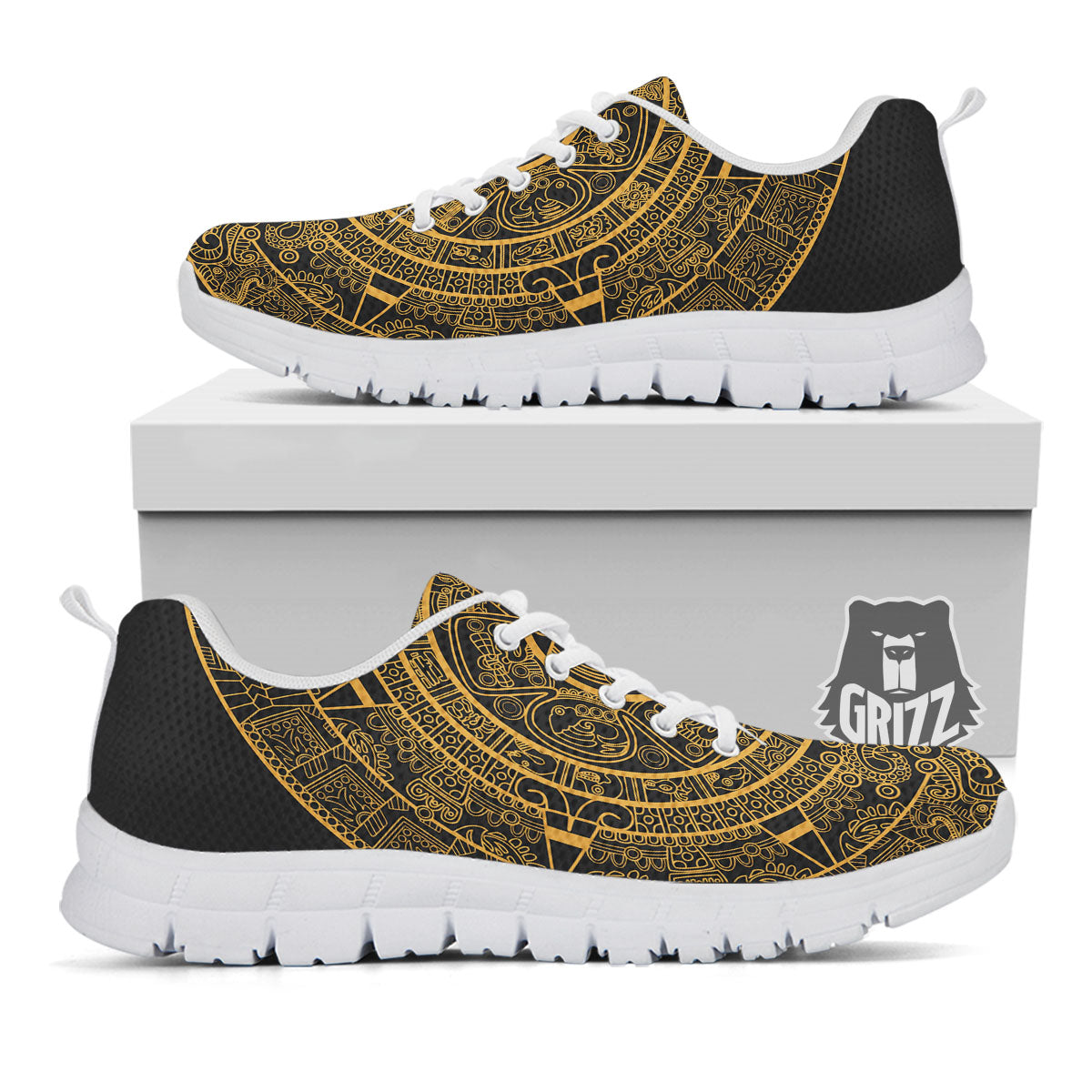 Maya Calendar Yellow And Black Print White Sneaker-grizzshop