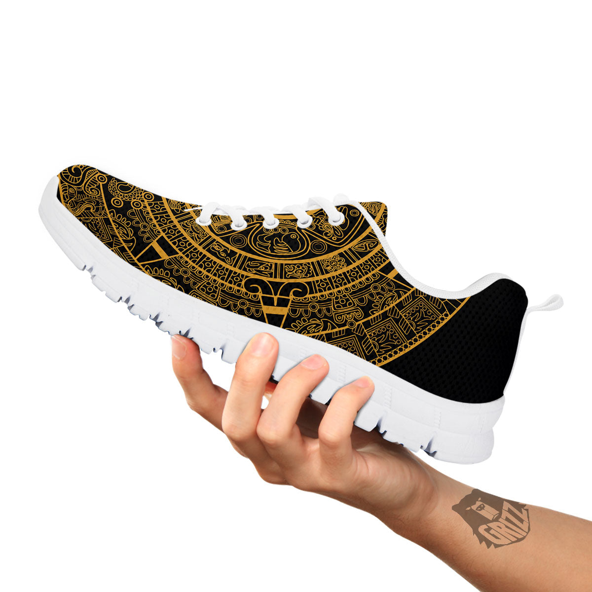 Maya Calendar Yellow And Black Print White Sneaker-grizzshop