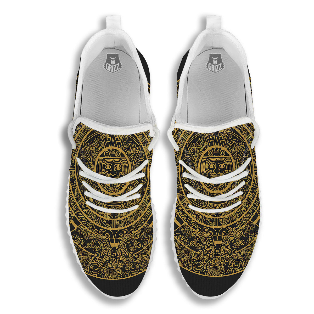 Maya Calendar Yellow And Black Print White Walking Shoes-grizzshop