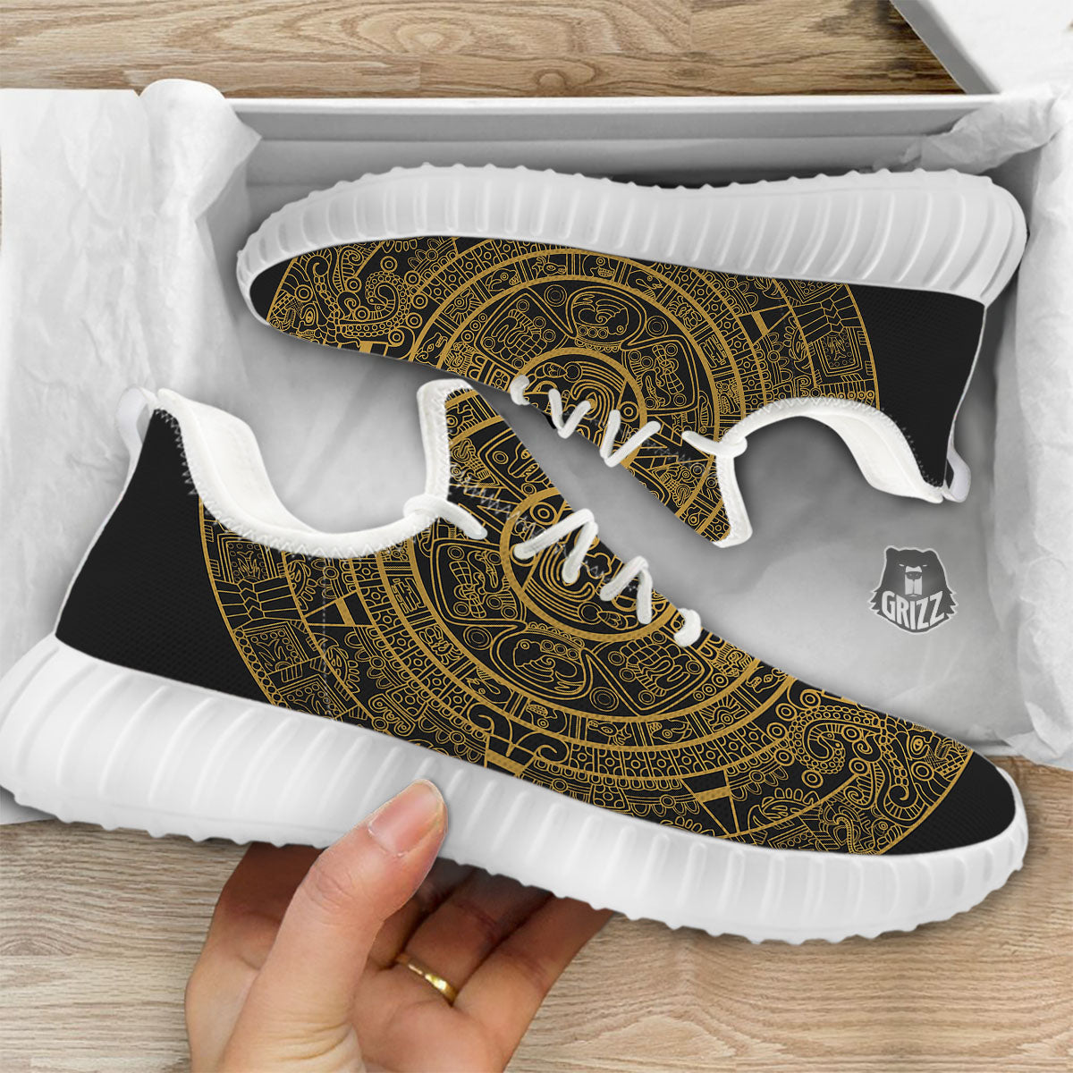 Maya Calendar Yellow And Black Print White Walking Shoes-grizzshop