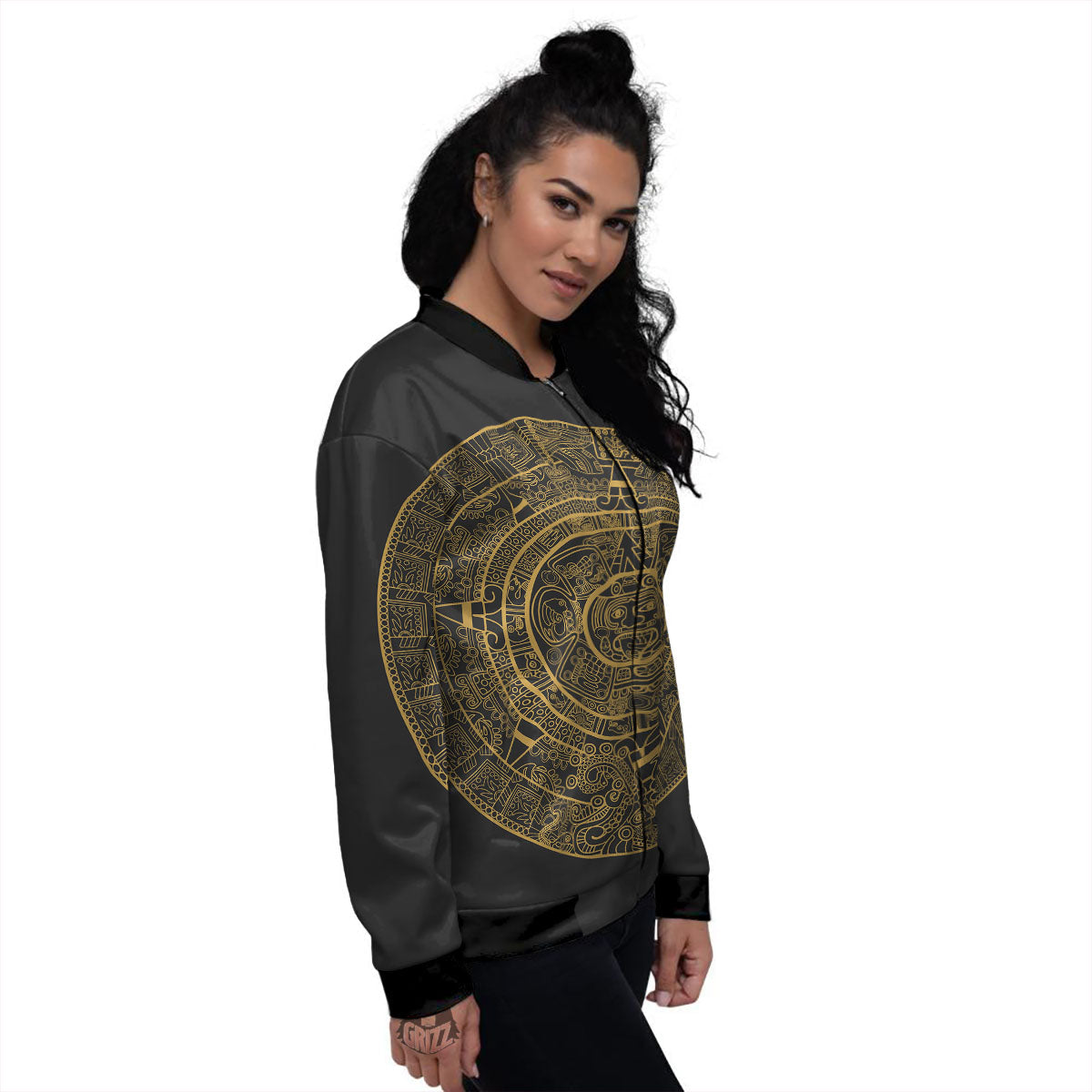 Maya Calendar Yellow And Black Print Women's Bomber Jacket-grizzshop