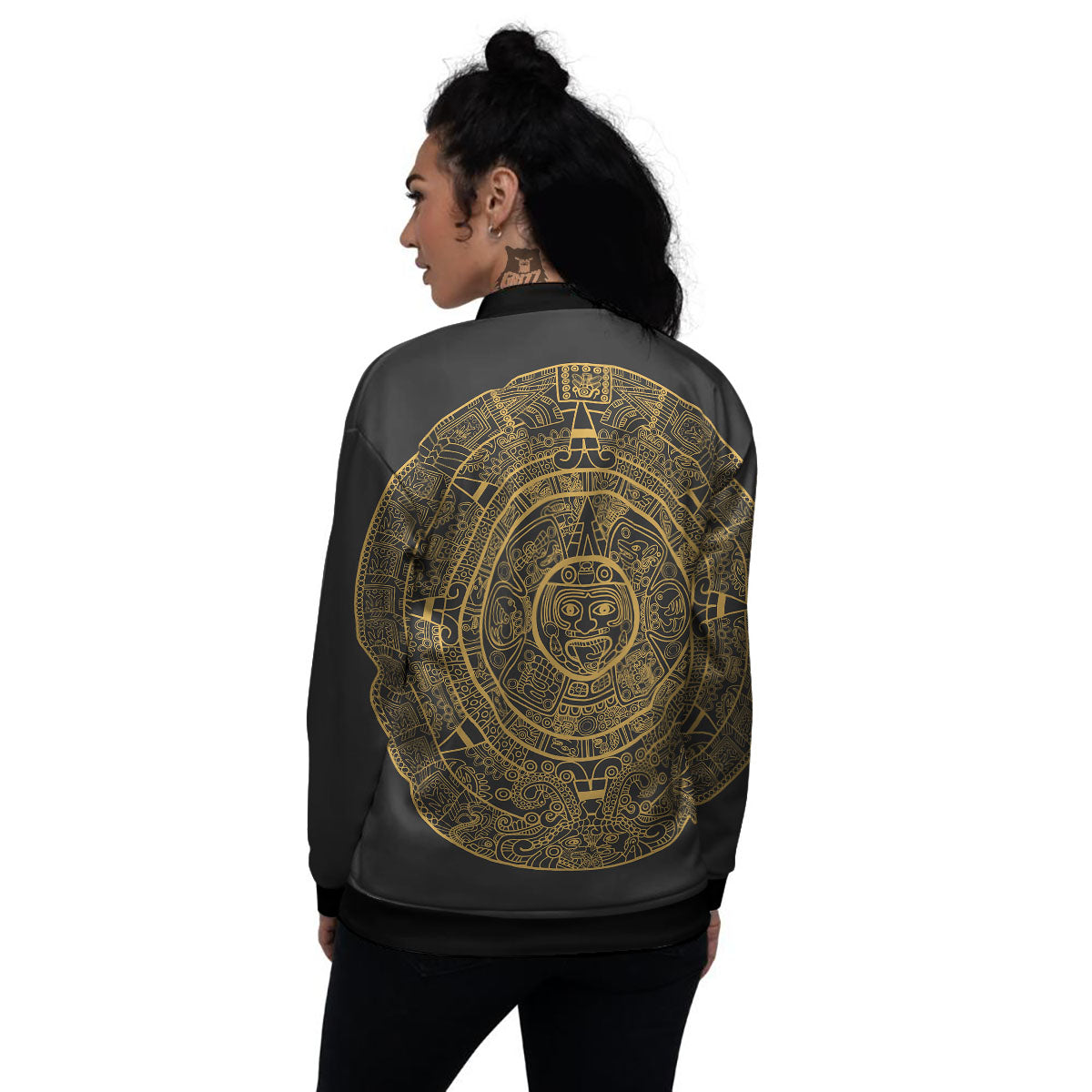 Maya Calendar Yellow And Black Print Women's Bomber Jacket-grizzshop