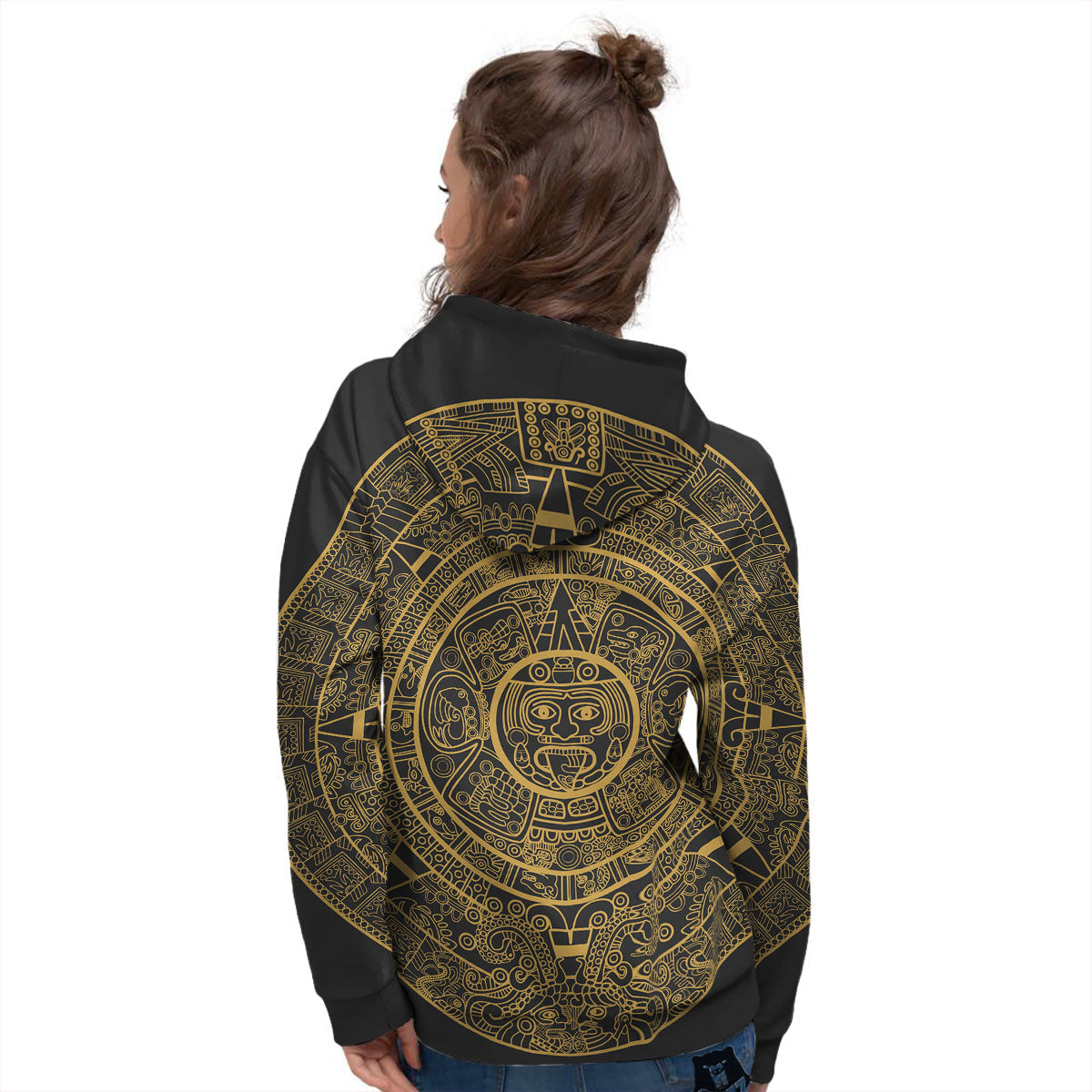 Maya Calendar Yellow And Black Print Women's Hoodie-grizzshop