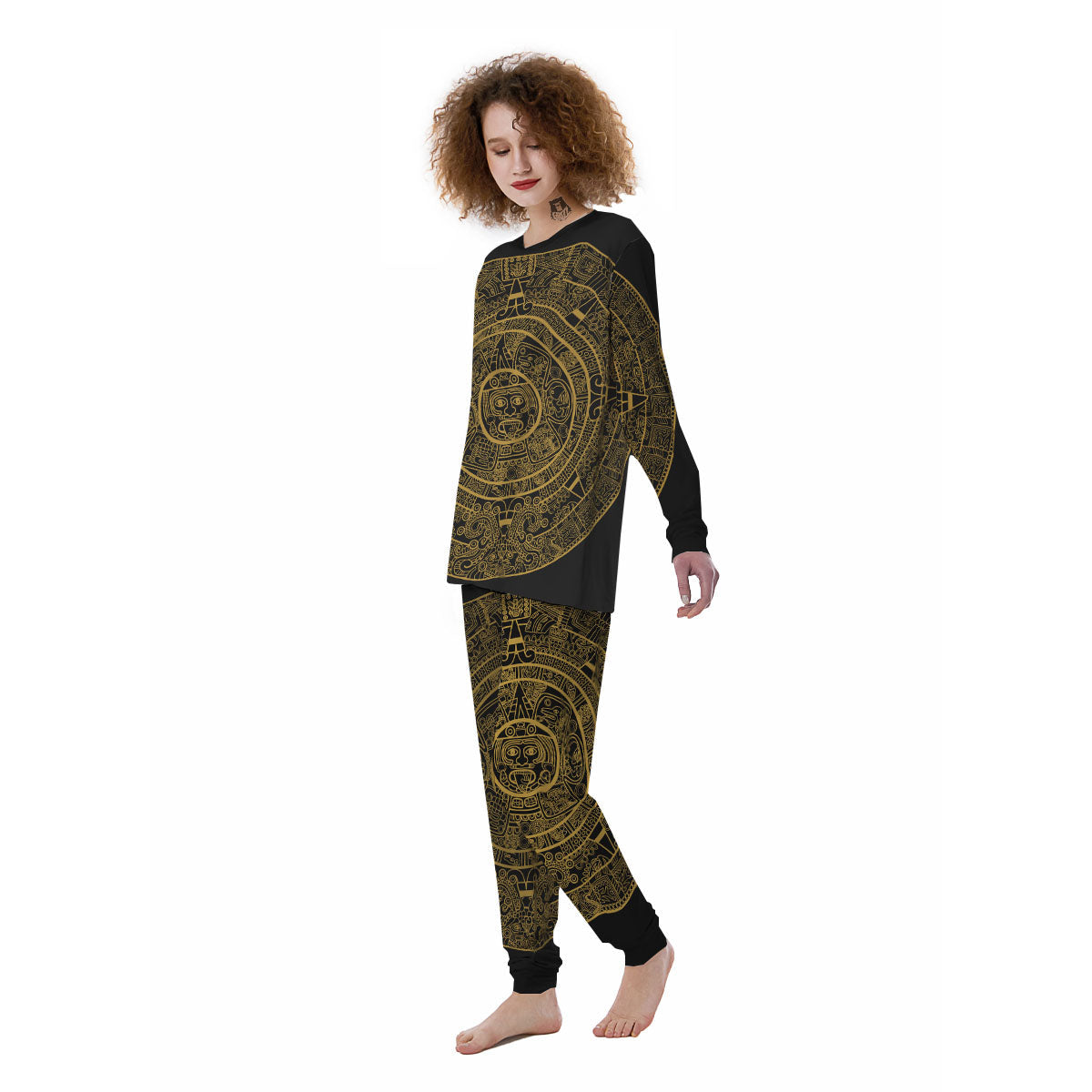Maya Calendar Yellow And Black Print Women's Pajamas-grizzshop