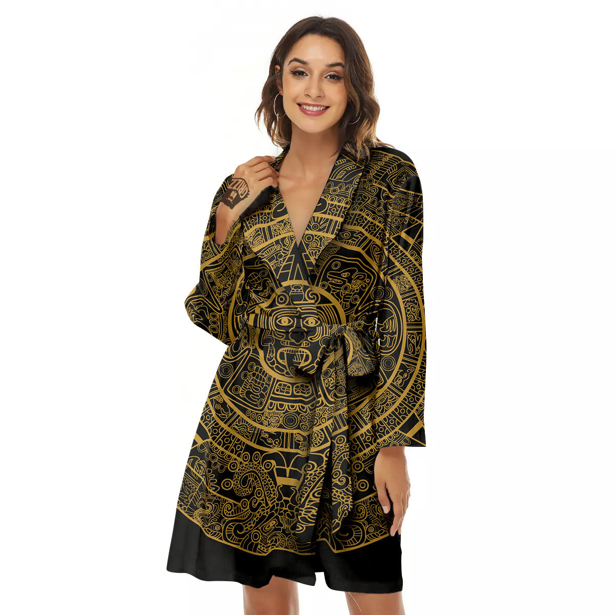 Maya Calendar Yellow And Black Print Women's Robe-grizzshop