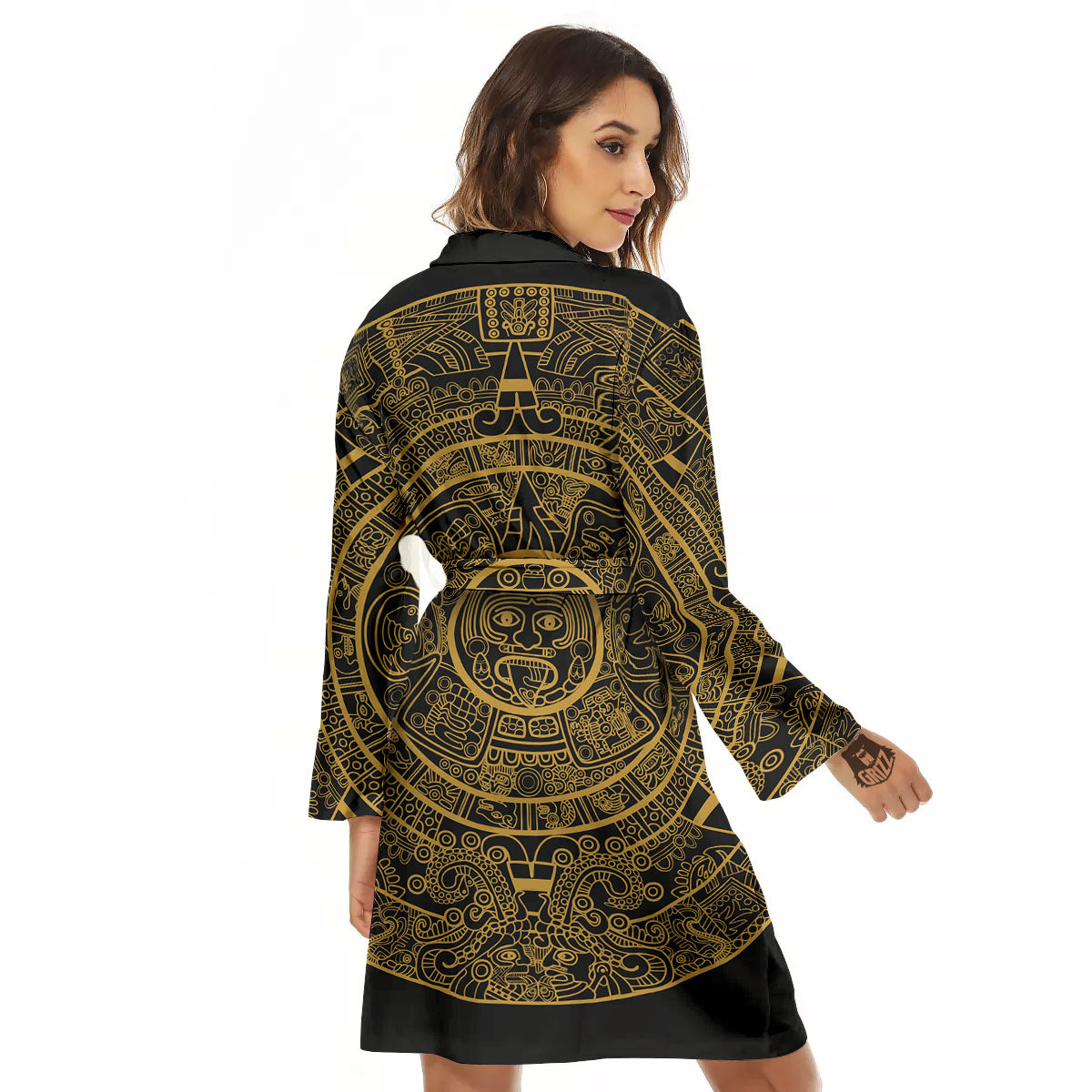 Maya Calendar Yellow And Black Print Women's Robe-grizzshop