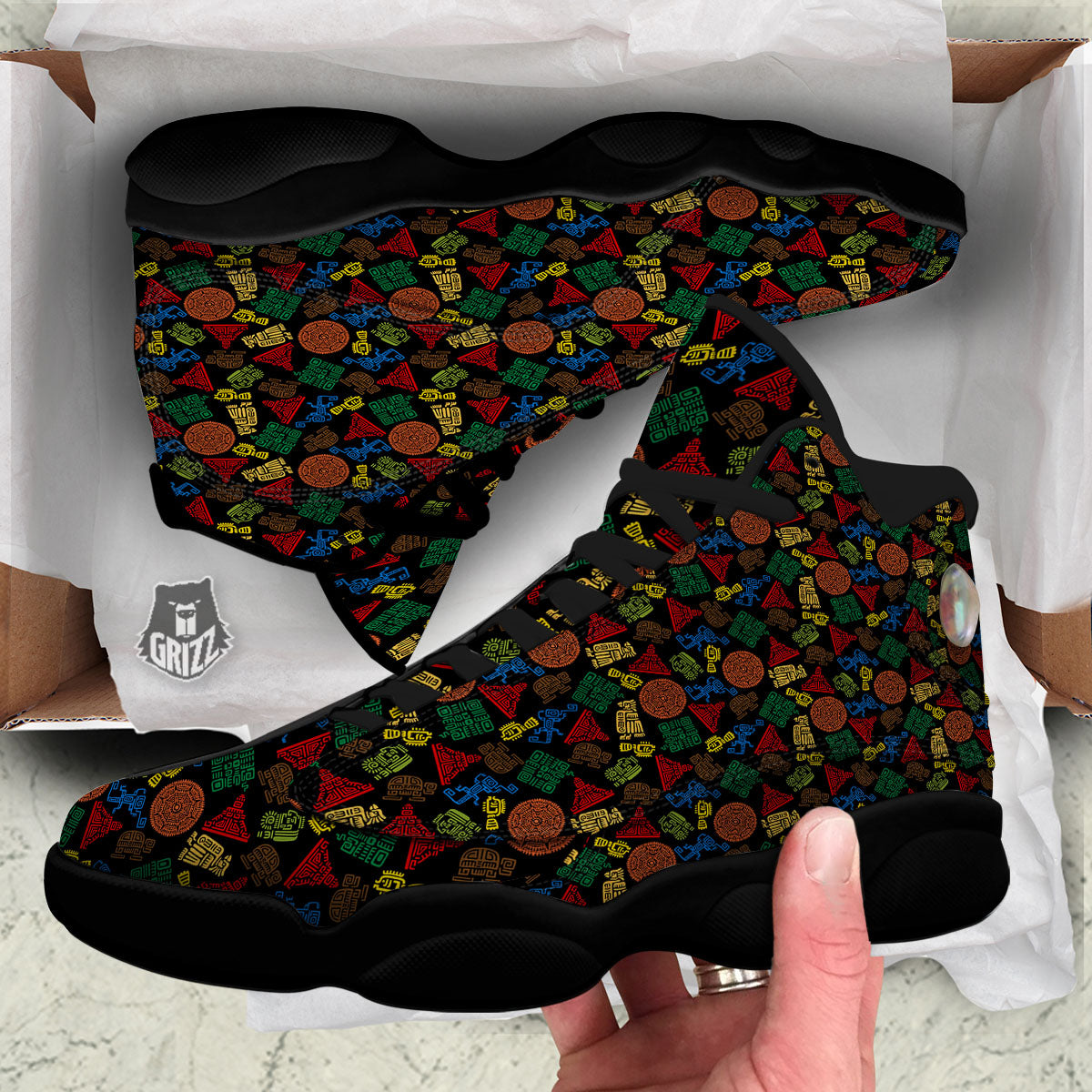 Maya Colorful Print Pattern Black Basketball Shoes-grizzshop