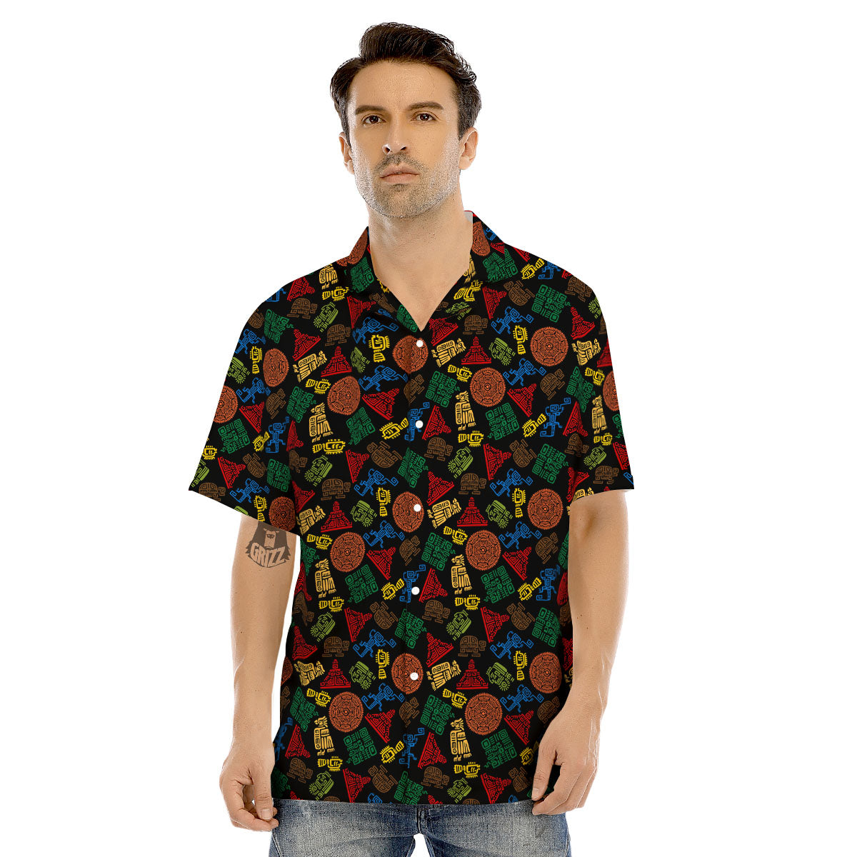 Maya Colorful Print Pattern Men's Hawaiian Shirt-grizzshop