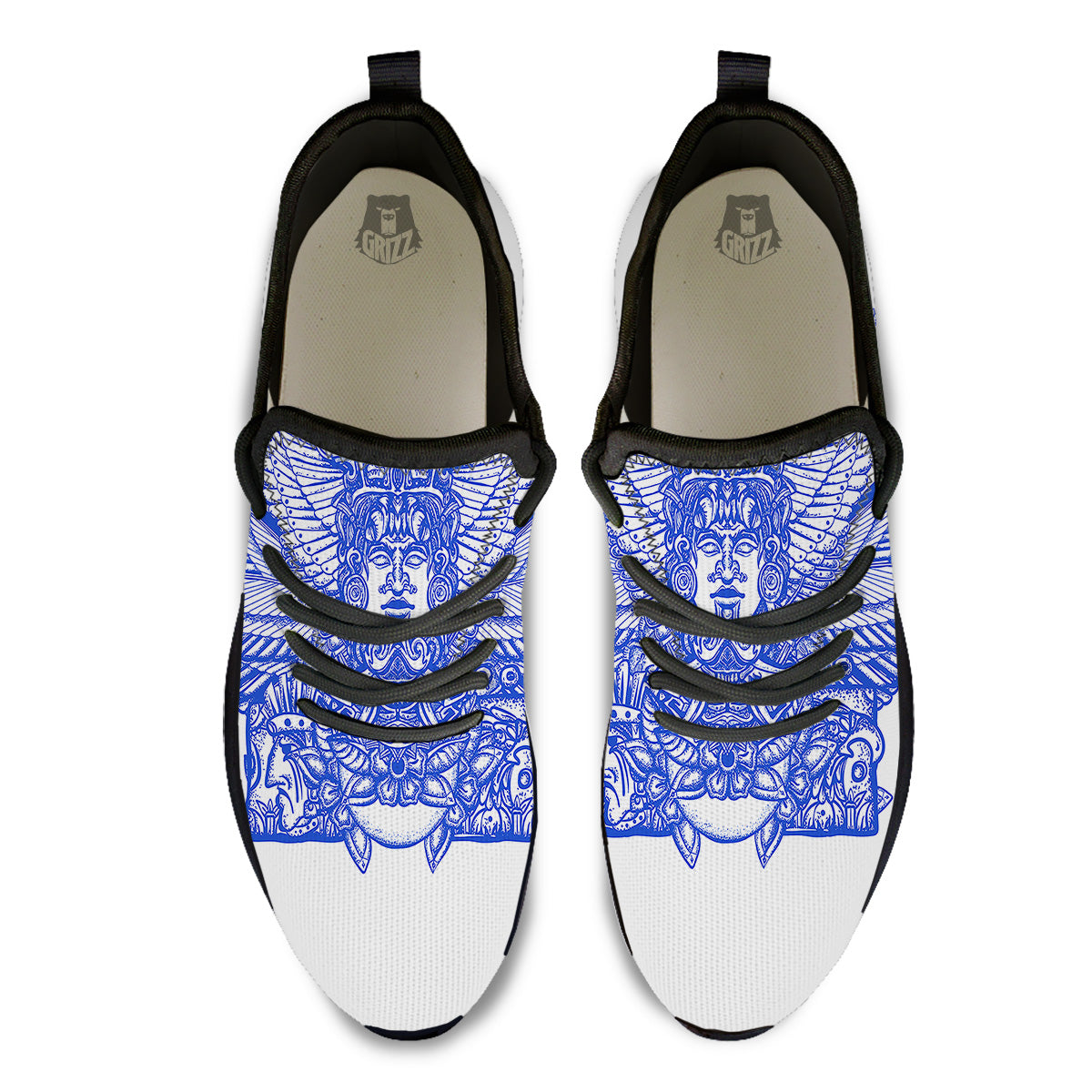 Mayan Statue White And Blue Print Black Athletic Shoes-grizzshop
