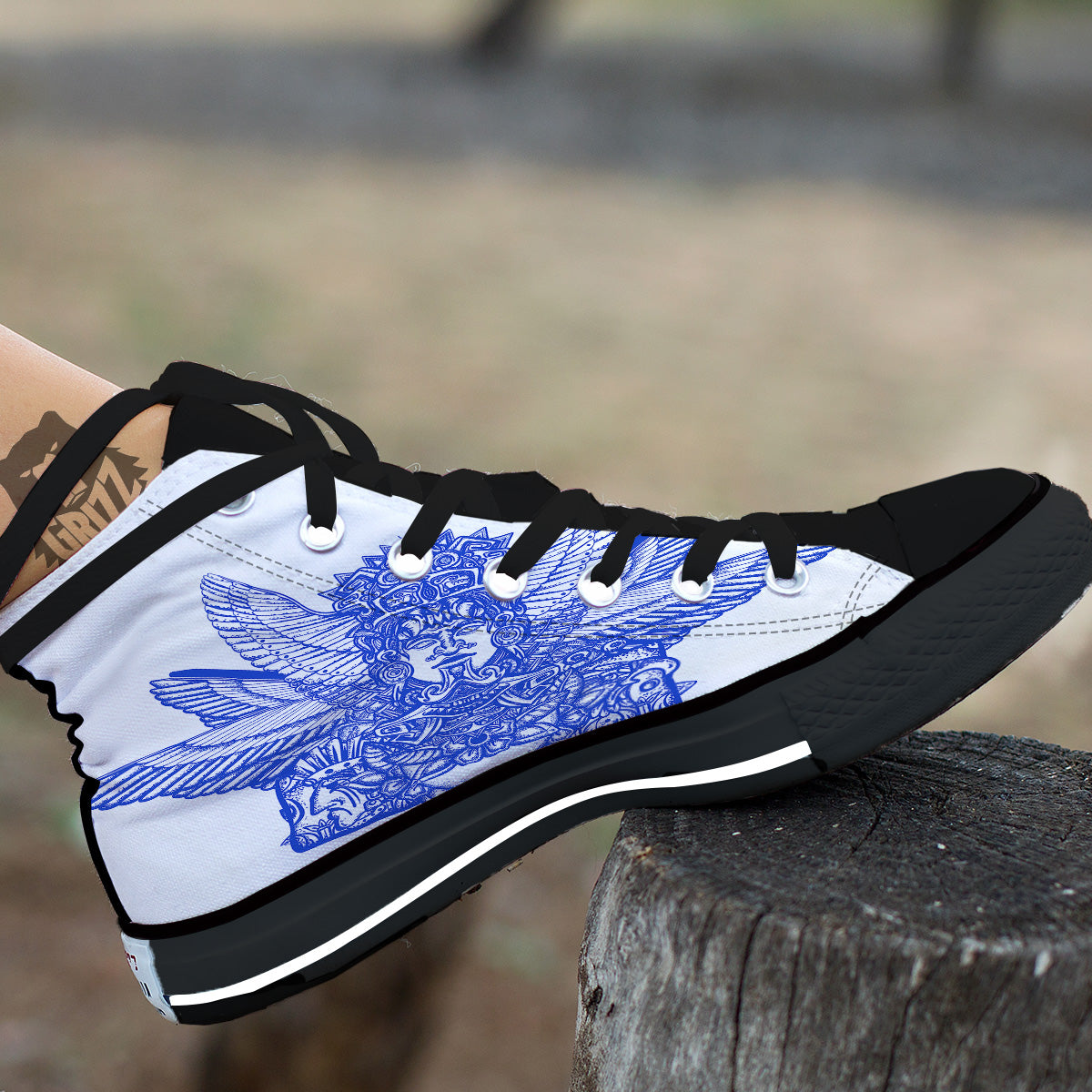 Mayan Statue White And Blue Print Black High Top Shoes-grizzshop