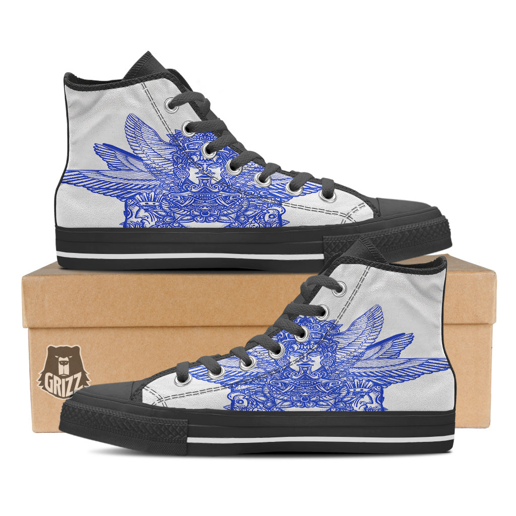 Mayan Statue White And Blue Print Black High Top Shoes-grizzshop