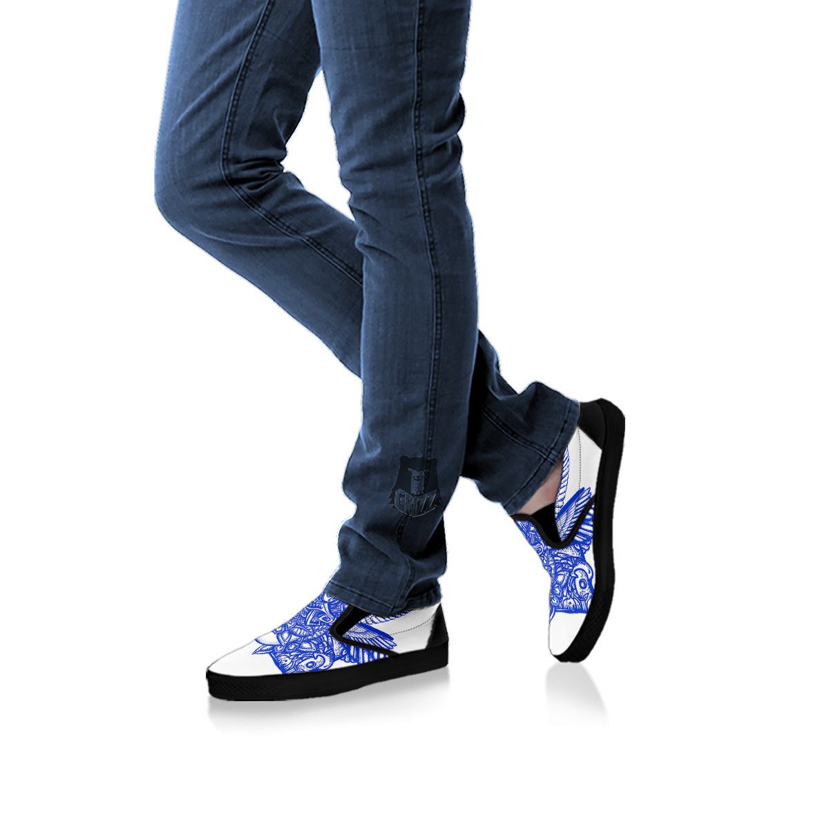 Mayan Statue White And Blue Print Black Slip On Shoes-grizzshop