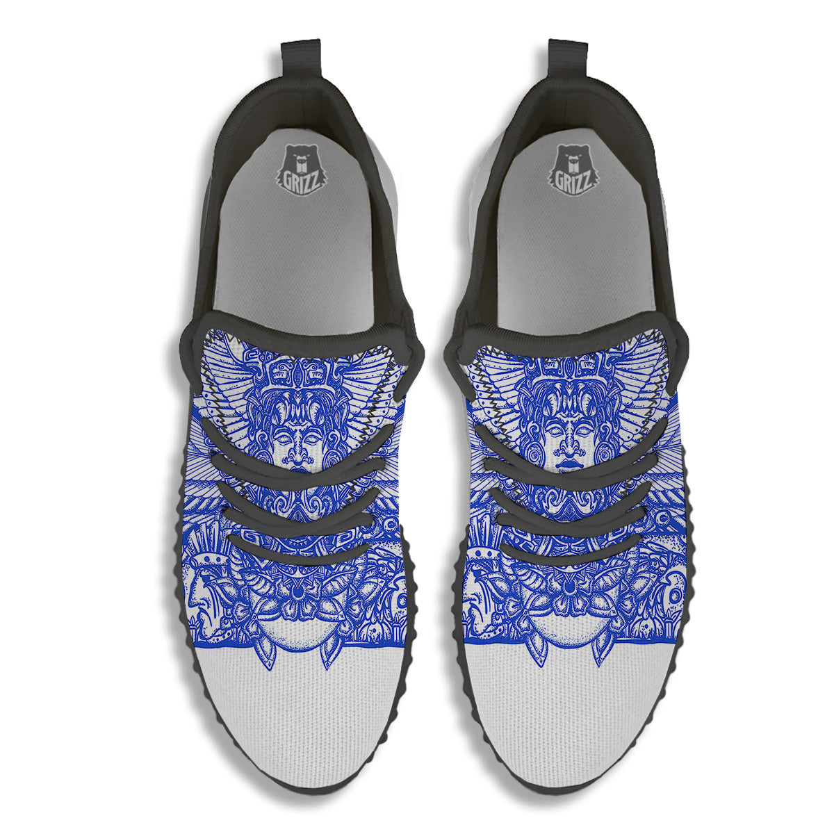 Mayan Statue White And Blue Print Black Walking Shoes-grizzshop