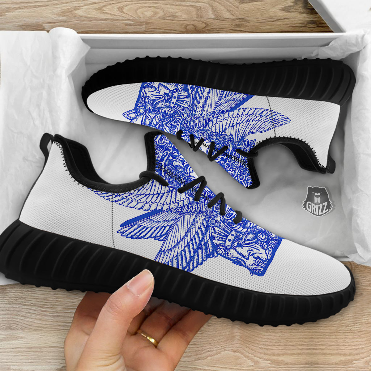 Mayan Statue White And Blue Print Black Walking Shoes-grizzshop