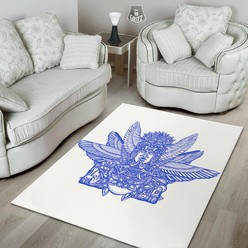 Mayan Statue White And Blue Print Floor Mat-grizzshop