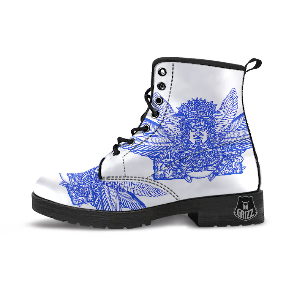 Mayan Statue White And Blue Print Leather Boots-grizzshop
