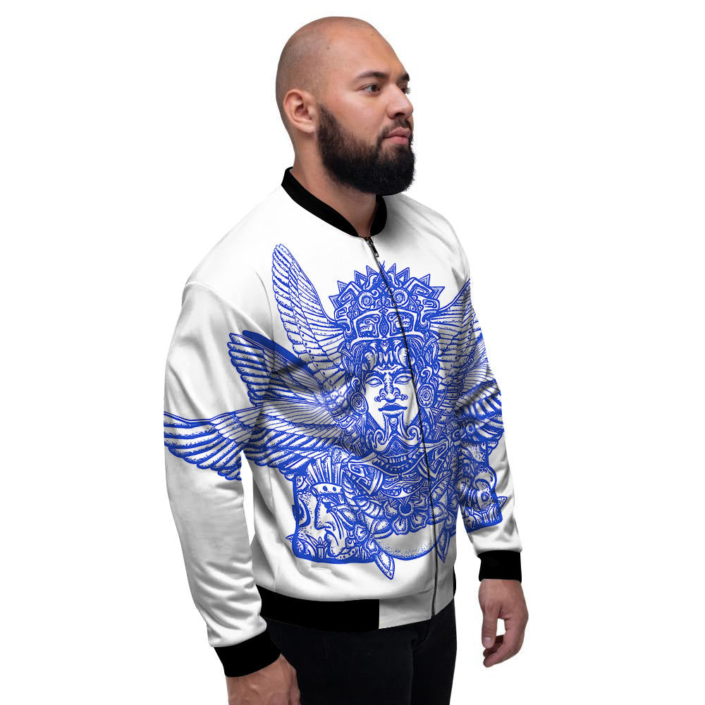 Mayan Statue White And Blue Print Men's Bomber Jacket-grizzshop