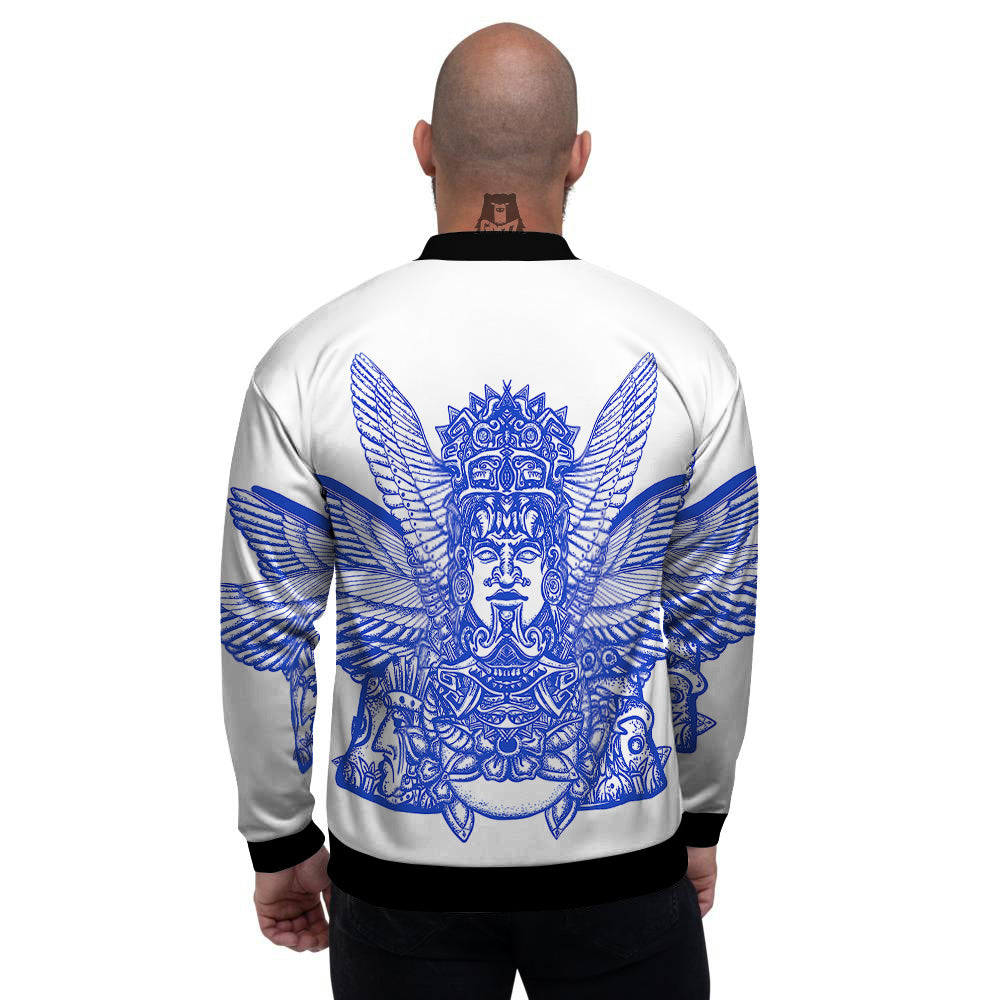 Mayan Statue White And Blue Print Men's Bomber Jacket-grizzshop