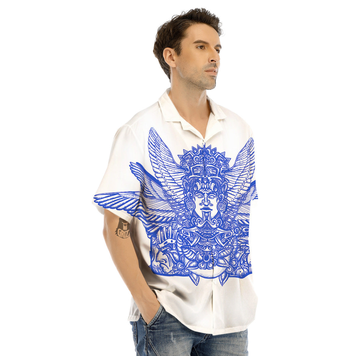 Mayan Statue White And Blue Print Men's Hawaiian Shirt-grizzshop