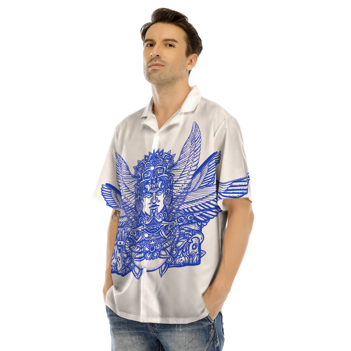 Mayan Statue White And Blue Print Men's Hawaiian Shirt-grizzshop