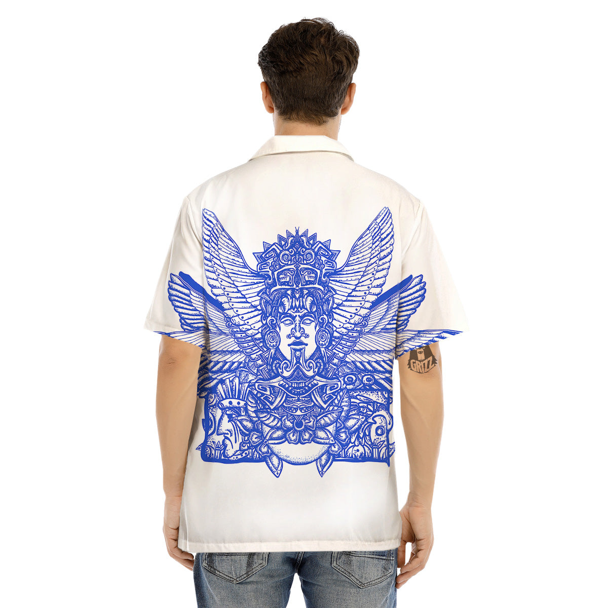 Mayan Statue White And Blue Print Men's Hawaiian Shirt-grizzshop