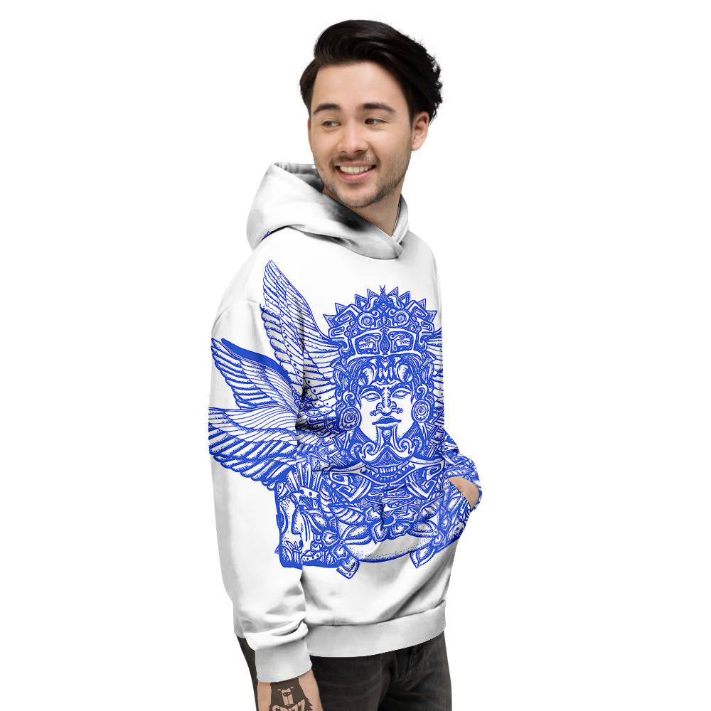 Mayan Statue White And Blue Print Men's Hoodie-grizzshop